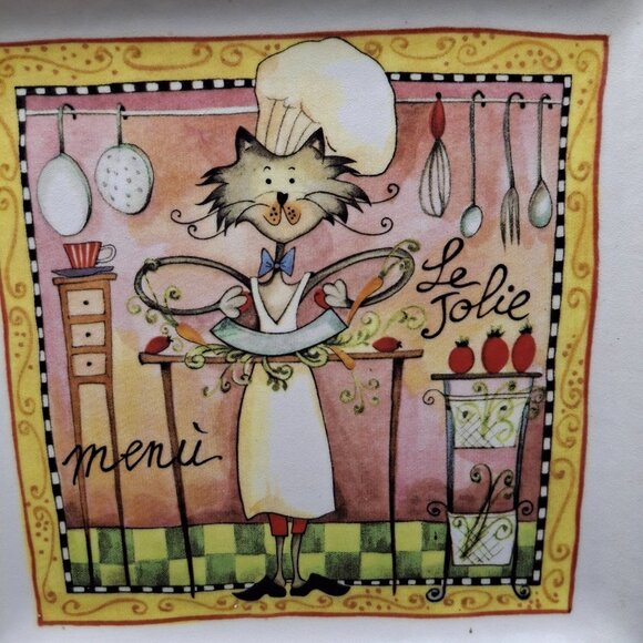 Le Jolie Cat Chef Menu Square Plate "7.75 x7.75" Made In Italy Replacement - Picture 2 of 5